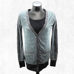 Miss Me Grey Women's Size S Cardigan Sweater Black Knit Rhinestone Bling